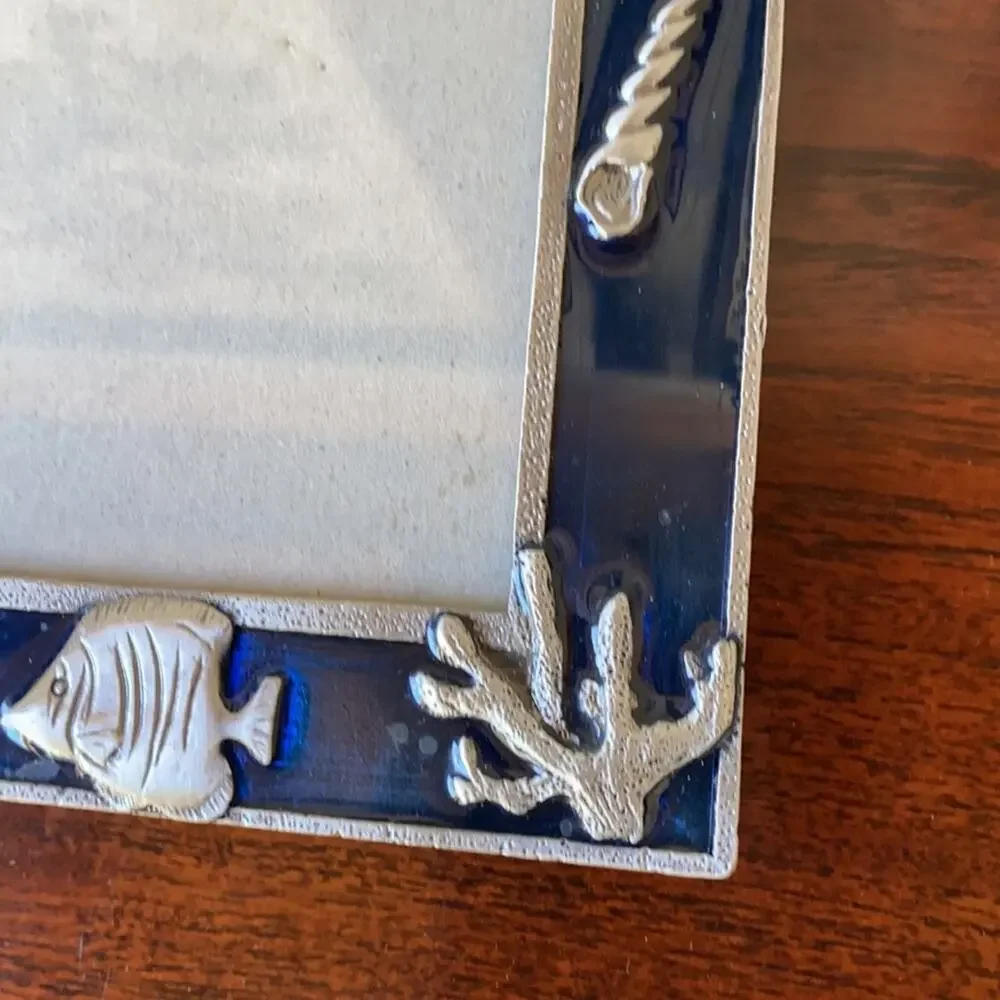 Pewter Sea Life on Navy Blue Enamel Photo Frame‎